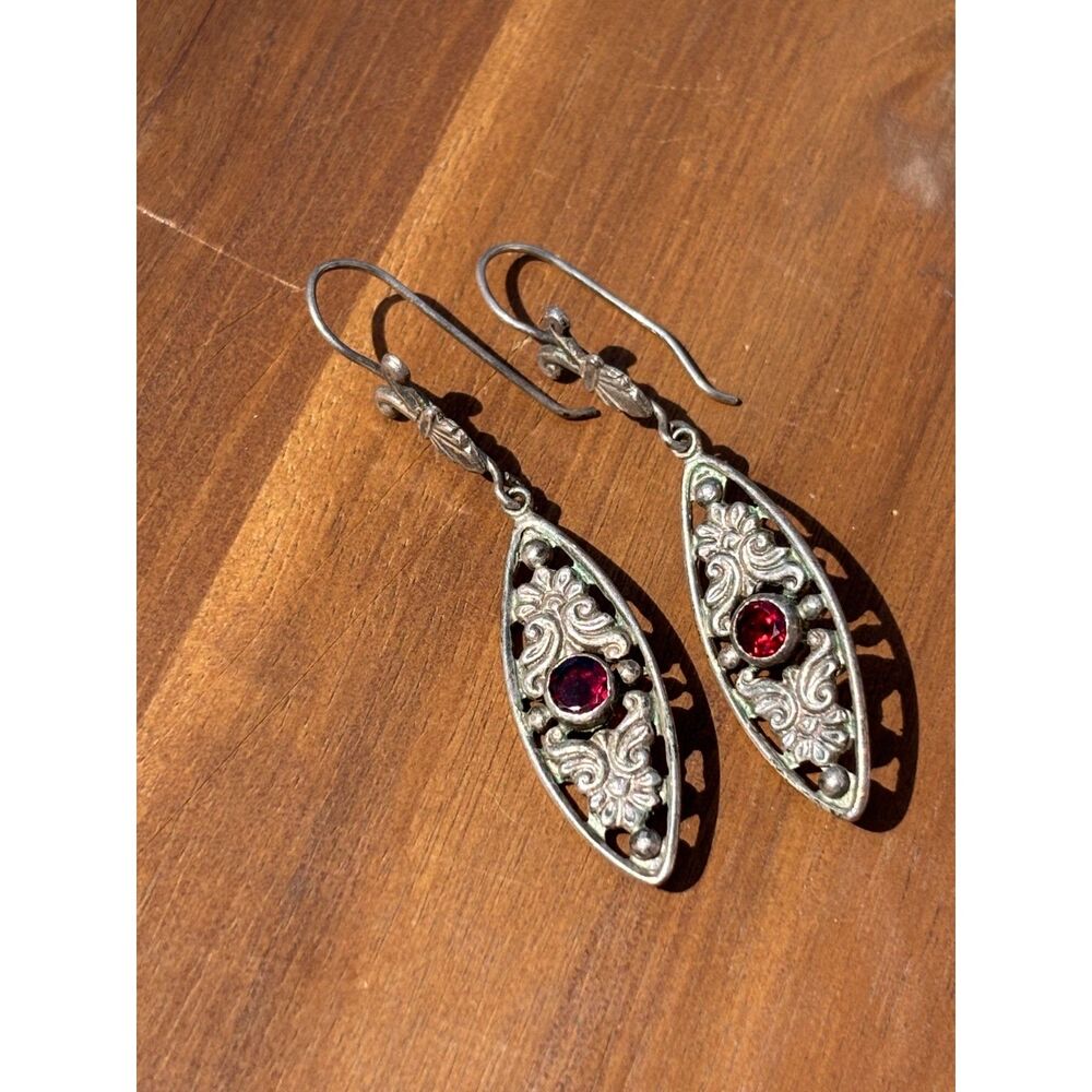 Vintage .925 Sterling Silver Filigree Garnet Victorian Inspired Drop Earrings